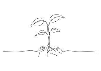 Single continuous line art of a growing sprout in minimalist vector style symbolizing growth and nature