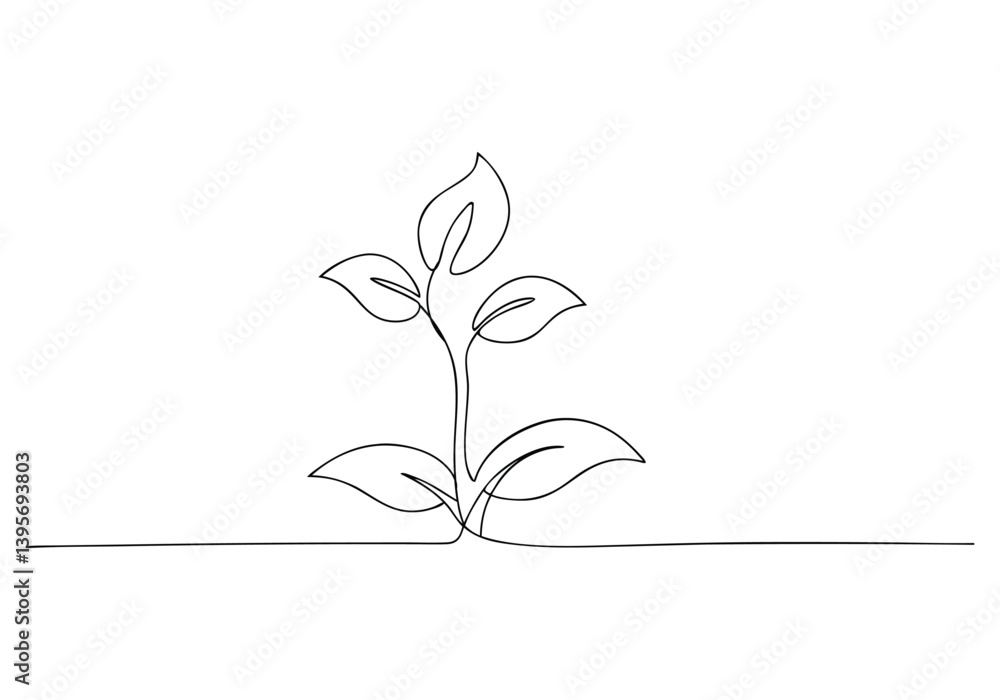 Aufkleber single continuous line art of a growing sprout in minimalist vector style symbolizing growth and nat