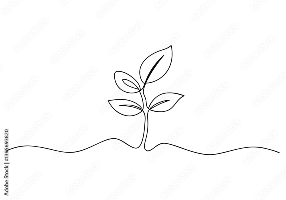 Poster single continuous line art of a growing sprout in minimalist vector style symbolizing growth and nat