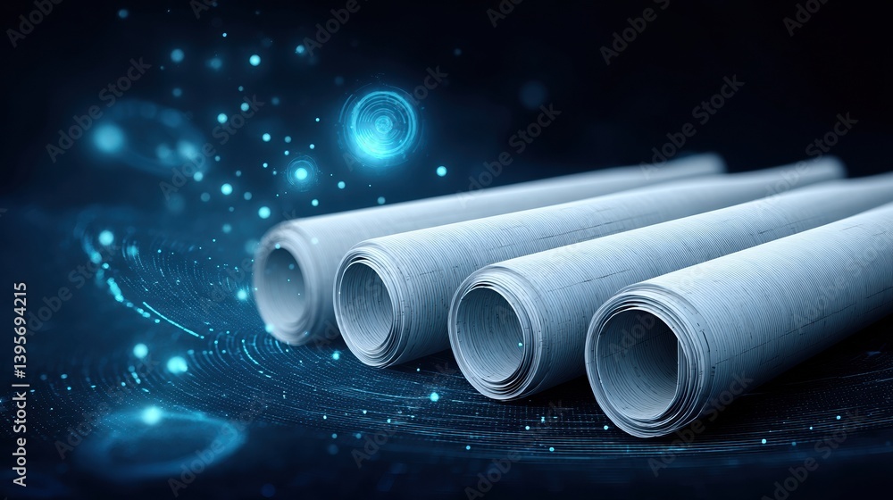 Poster abstract image of rolled paper or blueprints with a dark background and glowing orbs, suggesting cre