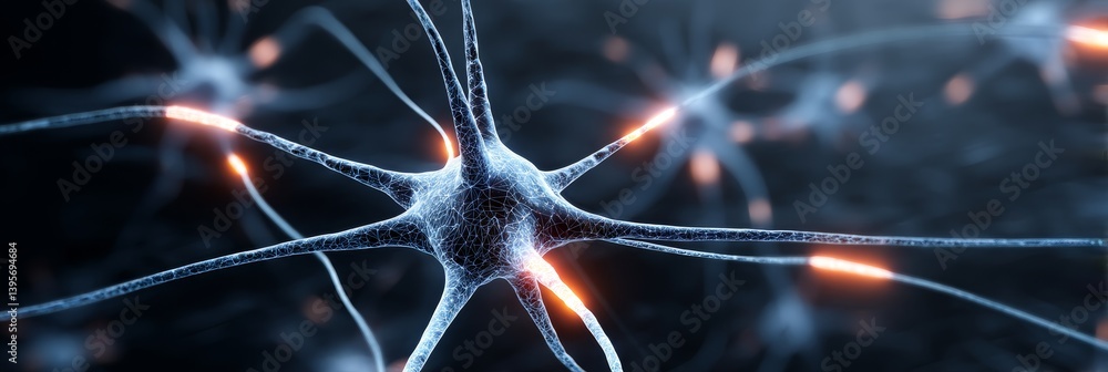 Poster neural network close up firing brain neurons - microscopic view of brain neurons firing, symbolizing