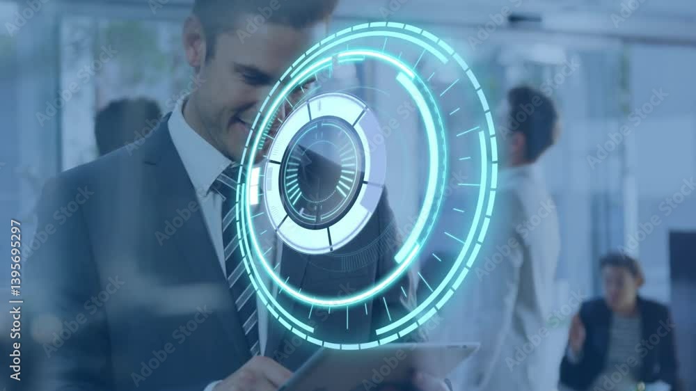 Poster using tablet, businessman interacting with digital animation in office setting
