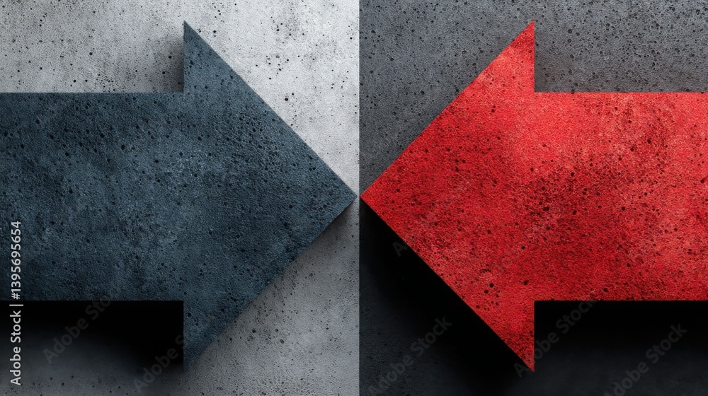 Poster two opposing arrows pointing in diverging directions symbolizing conflict and disagreement between u