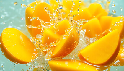 Fresh Mango Slices in Splashing Water – High-Quality Fruit Photography