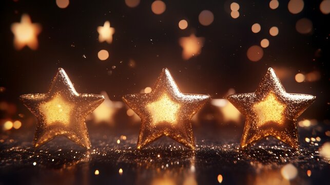 Three glowing gold stars on dark glitter background.