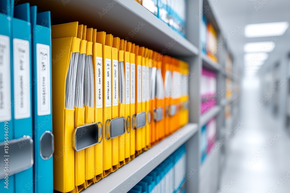 Poster organized office files and records - neatly organized rows of colorful files and folders on shelves 