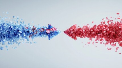 Red and blue kite shaped dueling arrows forming a financial vortex representing economic competition between usa and china