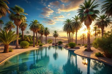 Fototapeta premium Desert Oasis Pool: Tranquil Palm Tree Escape in Arid Landscape