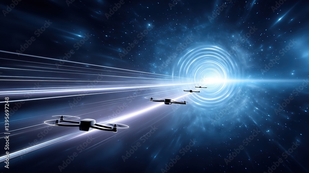 Poster a futuristic scene depicting drones traveling through a swirling cosmic tunnel, creating a sense of 