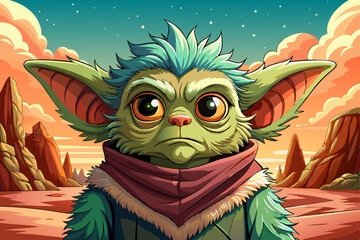 Obraz premium fluffy comic character portrait on mysterious land under a strange colored sky, galaxy banner
