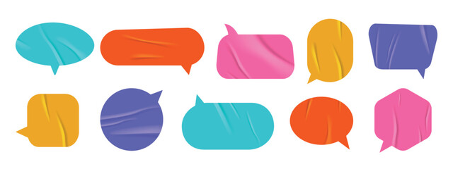 Set of multicolored speech and thought bubbles in modern sticker style. Realistic wrinkled texture with copy space. Isolated dialogue balloons for notes, collages, or school design. Vector illustratio