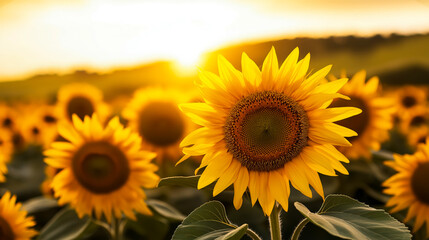 Obraz premium Beautiful sunflower field glowing in the golden light of sunset, creating a warm and serene summer scene