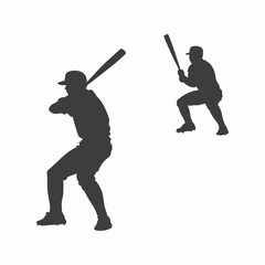 Two baseball players in silhouette one batting and one holding a bat on a white background