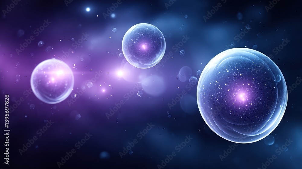 Poster abstract image of glowing bubbles in a cosmic setting, with a gradient of purple and blue colors, cr