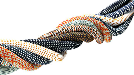 Colorful twisted paracord wires with woven texture on transparent background