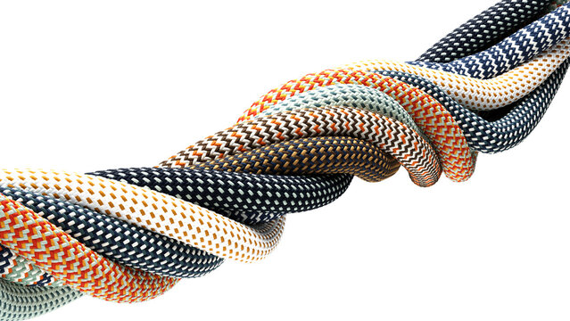 Colorful twisted paracord wires with woven texture on transparent background