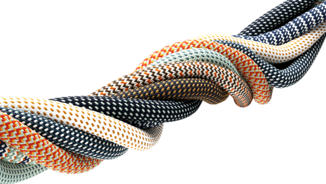 Colorful twisted paracord wires with woven texture on transparent background