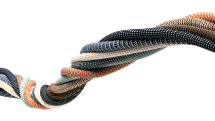 Colorful twisted paracord wires with woven texture on transparent background