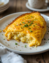 Fluffy cheese omelette, Crispy toasted bread slice, White ceramic plate, Sprinkled chives, Rustic table setting