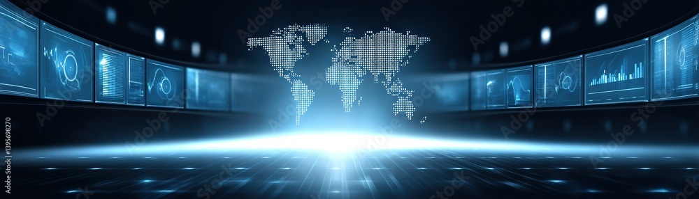 Poster a futuristic digital landscape featuring a world map and data visualizations, set against a blue and
