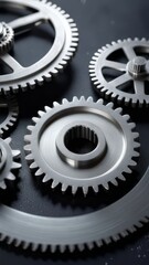 A close up of four gears, all of which are silver. The gears are all different sizes and are arranged in a row. Concept of precision and order, as the gears are all perfectly aligned