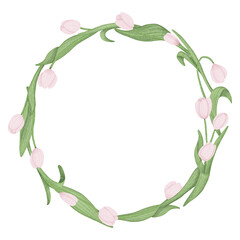 Floral wreath with pink tulips. Hand drawn illustration.