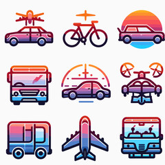 Naklejka premium Colorful transportation icons featuring various vehicles in a grid layout, modern style representing mobility and travel with copy space