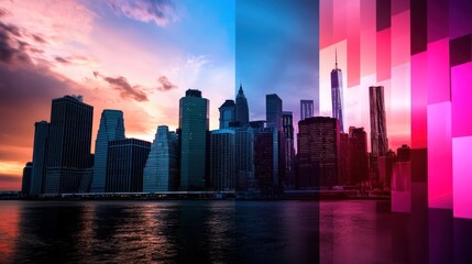 Fototapeta premium NYC skyline sunset, vibrant abstract overlay, travel brochure