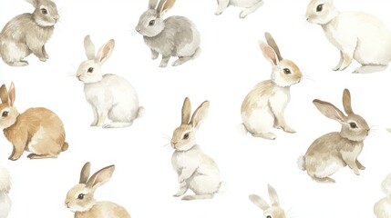 Watercolor Rabbits Seamless Pattern Gentle Bunny Animals