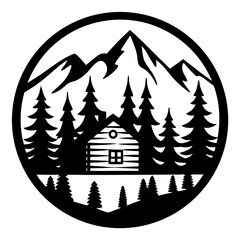 Obraz premium Mountain Cabin in the Woods Scenic View Circle Design