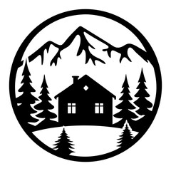 Obraz premium Mountain Cabin Scene in a Circular Frame Black and White Illustration