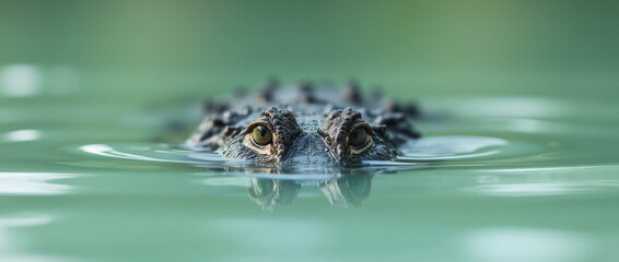 Crocodile Peeking Out of the Water with Only Its Eyes Visible Above the Surface