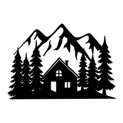 Fototapeta premium Majestic Mountain Cabin in a Peaceful Evergreen Forest Setting