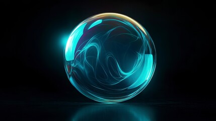 Glowing blue sphere with swirling light inside, reflecting on dark surface.