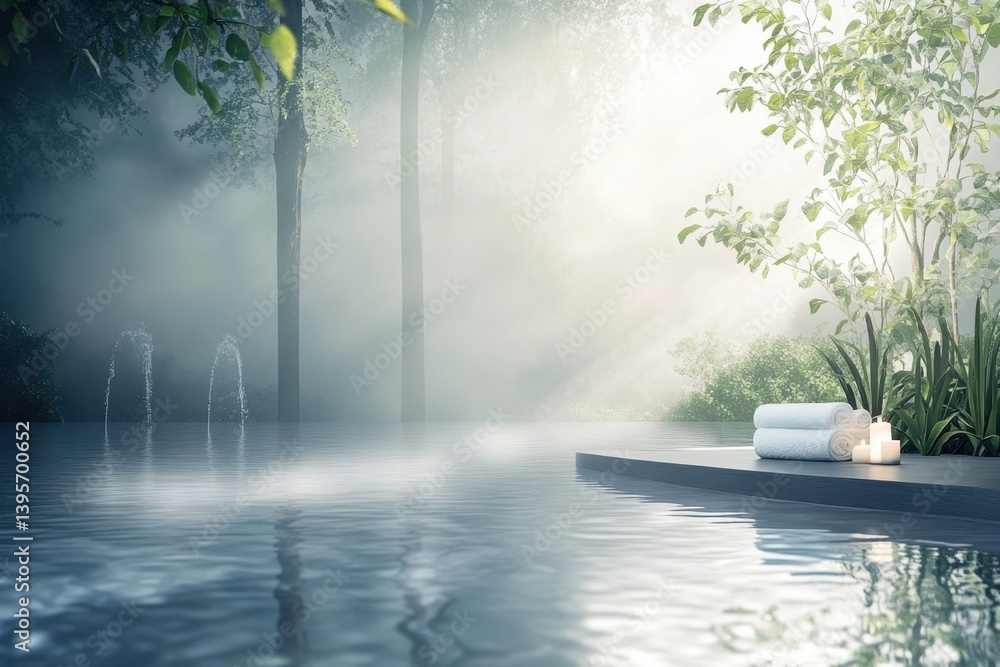 Poster tranquil poolside in a serene forest setting with soft mist and soft candlelight