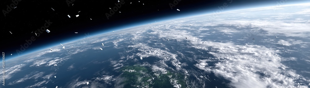 Poster a view of earth from space, showcasing clouds and the ocean, with debris floating in the foreground 