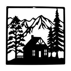 Fototapeta premium Mountain Cabin Scene Black and White Silhouette Illustration Graphic Art