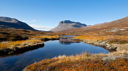 Autumn Mountain Valley Landscape With Stream And Reflection