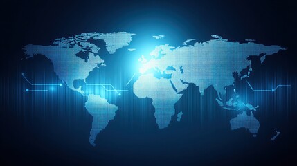 A digital world map composed of blue dots and lines, illuminated by a glowing background, suggesting a theme of connectivity and technology.
