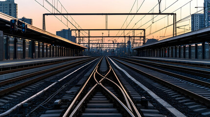 Fototapeta premium Urban Railway Tracks Crossing At Sunset