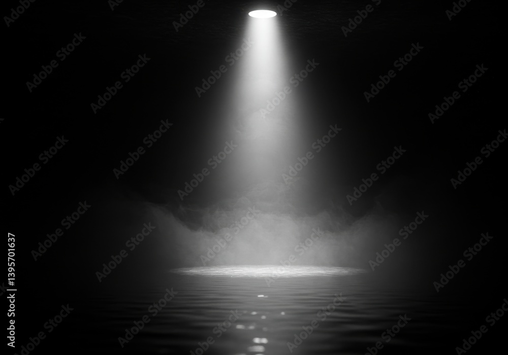 Poster a single bright spotlight shining down from above illuminating a stage in a dark and empty theater s