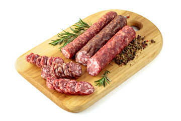 Sausages with rosemary and spices isolated on a white background.