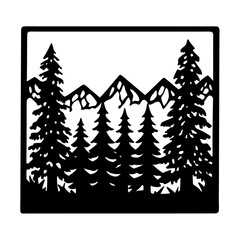 Obraz premium Majestic Mountain Range with Silhouetted Evergreen Trees Framed in a Square