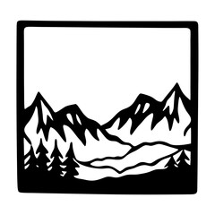 A Stunning Black and White Mountain Landscape Illustration Framed in a Bold Square