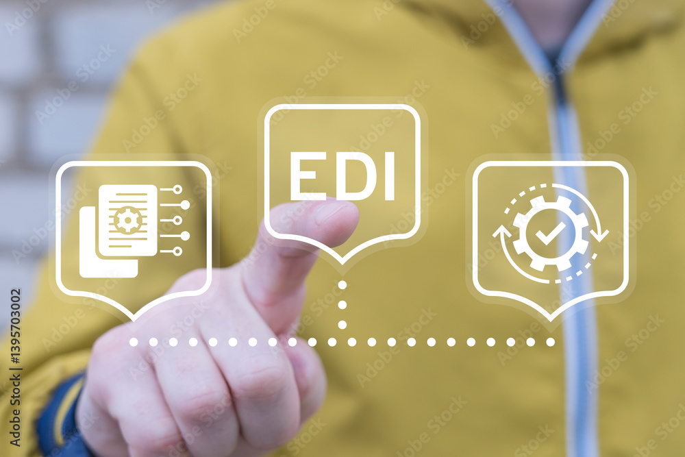 Poster edi electronic data interchange information technology concept. person using virtual touch screen pu