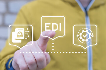 EDI Electronic Data Interchange Information Technology Concept. Person using virtual touch screen...