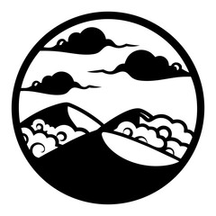 Black and White Circular Mountain Landscape Illustration with Clouds