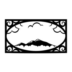 Elegant Black and White Mountain Landscape Framed in Ornate Design