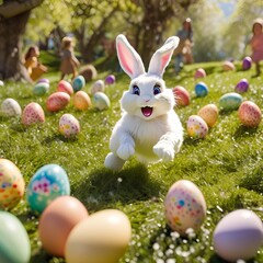 Fototapeta premium Easter bunny running through a meadow full of colorful Easter eggs for a traitional egg hunt with kids following.