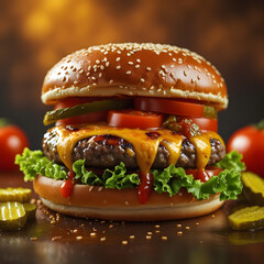 juicy cheeseburger, glistening with melted cheese and savory sauces.